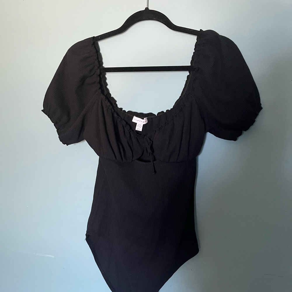Topshop Black Ruffled Puff Sleeve Bodysuit